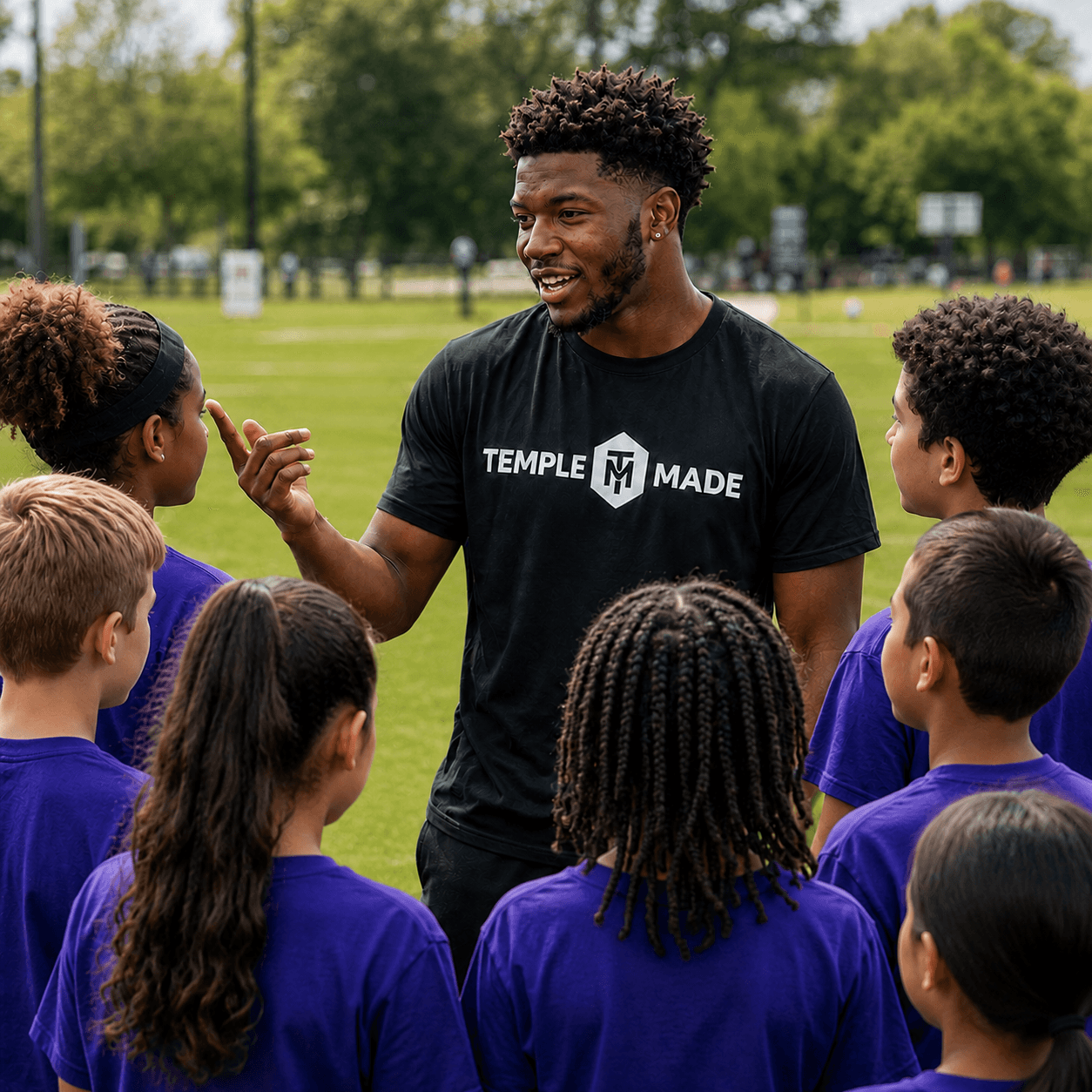 A Temple Made coach speaking with a group of children outdoors