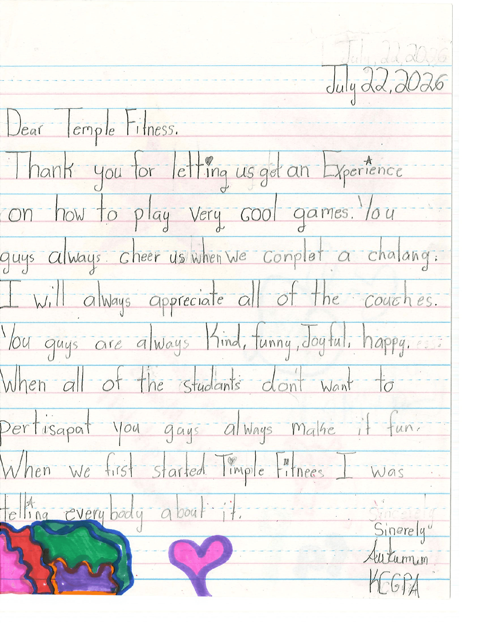 First page of a handwritten student letter thanking Temple Made Fitness