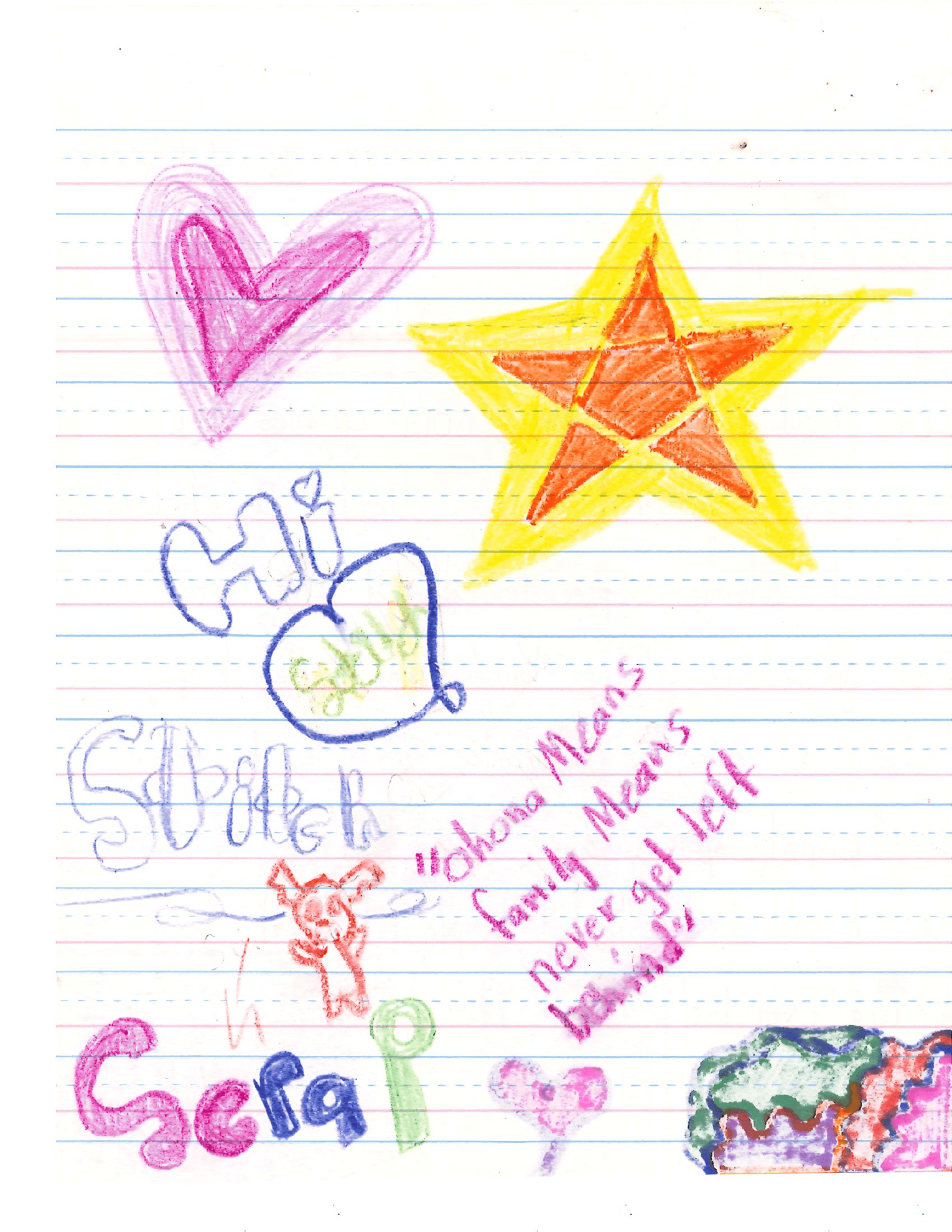 Second page of the handwritten student letter with colorful drawings