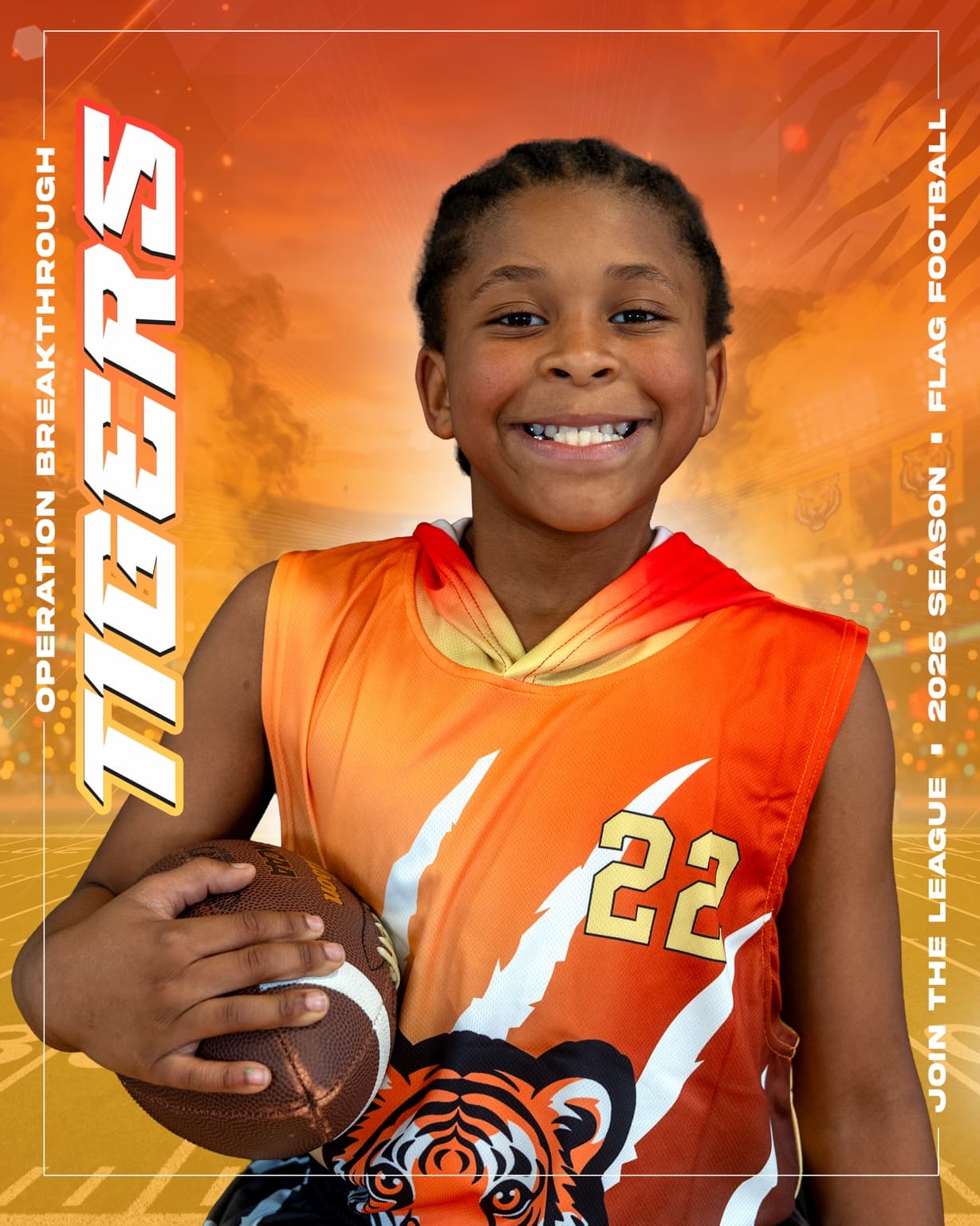 Tigers player wearing jersey number 22 and holding a football